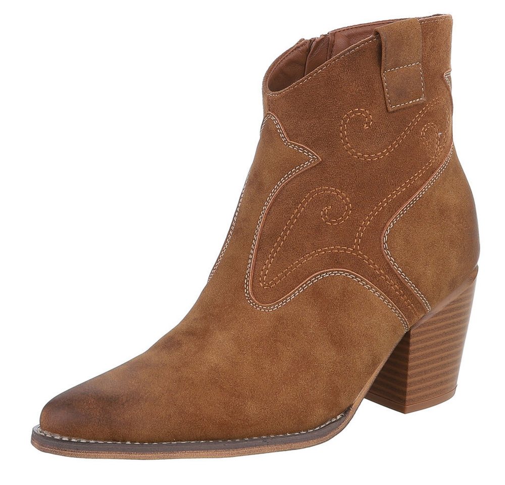 Ital-Design Eleganter Ankle Boot mit geschwungenen Details für Damen Westernstiefelette (90110072) Blockabsatz Stiefeletten in Camel
