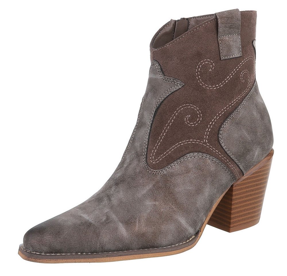 Ital-Design Eleganter Ankle Boot mit geschwungenen Details für Damen Westernstiefelette (90110080) Blockabsatz Stiefeletten in Braun