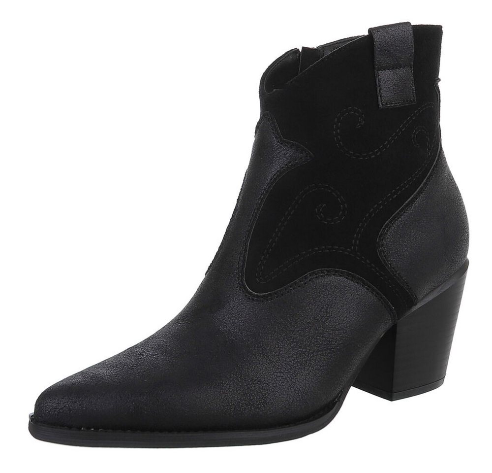 Ital-Design Eleganter Ankle Boot mit geschwungenen Details für Damen Westernstiefelette (90110086) Blockabsatz Stiefeletten in Schwarz