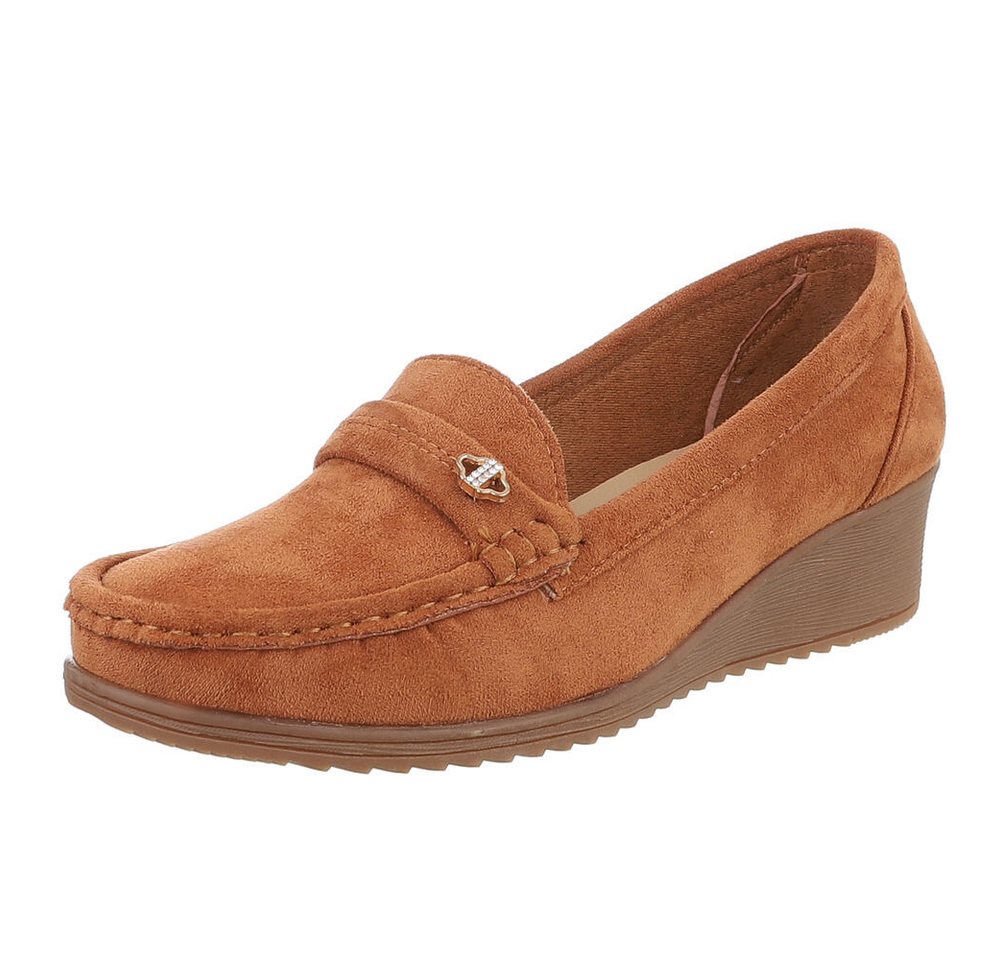 Ital-Design Eleganter Damen Slipper mit Wedge-Sohle und Details Slipper (90482671) Keilabsatz/Wedge Mokassins in Camel
