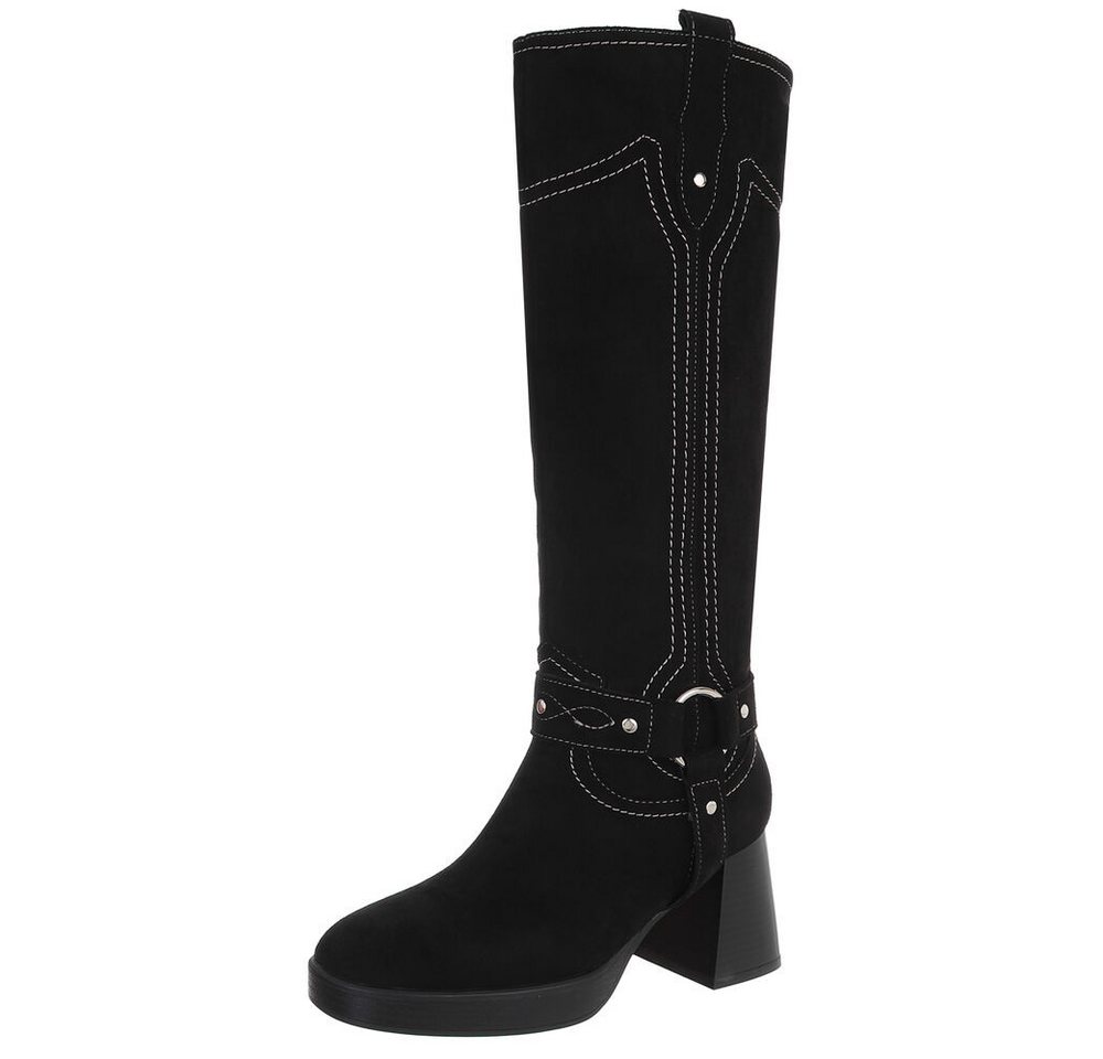 Ital-Design Eleganter Damen-Stiefel mit Blockabsatz und Kontrastnähten High-Heel-Stiefel (90110117) Blockabsatz Stiefel in Schwarz