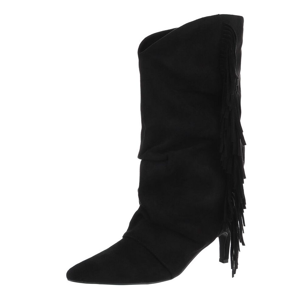 Ital-Design Eleganter Damen-Stiefel mit Fransen-Detail für Freizeit Stiefel (90457886) Pfennig-/Stilettoabsatz Stiefel in Schwarz