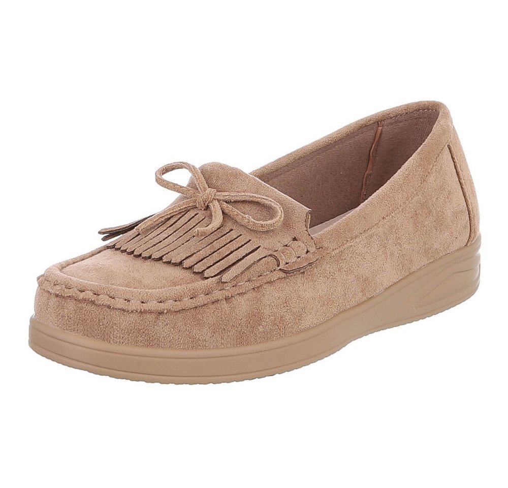 Ital-Design Eleganter Fransen-Schuh für Damen mit hohem Tragekomfort Slipper (91409689) Keilabsatz/Wedge Mokassins in Hellbraun