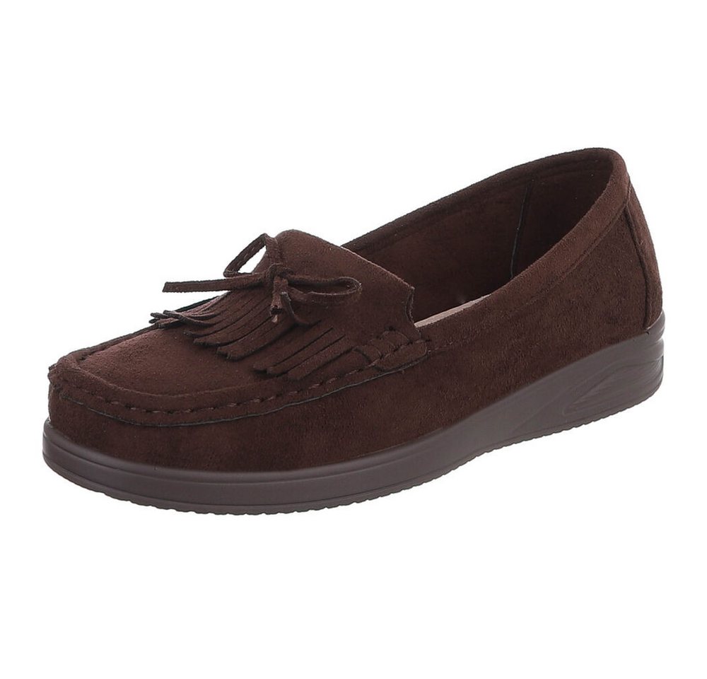 Ital-Design Eleganter Fransen-Schuh für Damen mit hohem Tragekomfort Slipper (91409694) Keilabsatz/Wedge Mokassins in Braun