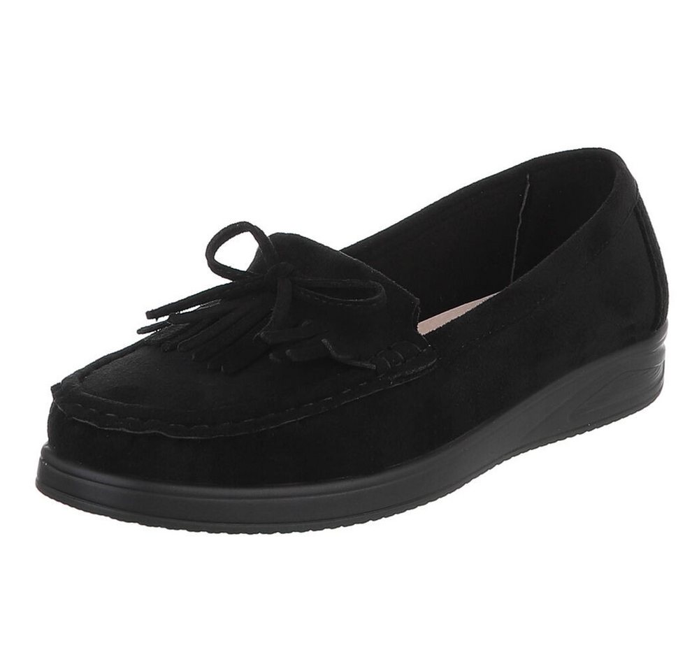 Ital-Design Eleganter Fransen-Schuh für Damen mit hohem Tragekomfort Slipper (91409709) Keilabsatz/Wedge Mokassins in Schwarz