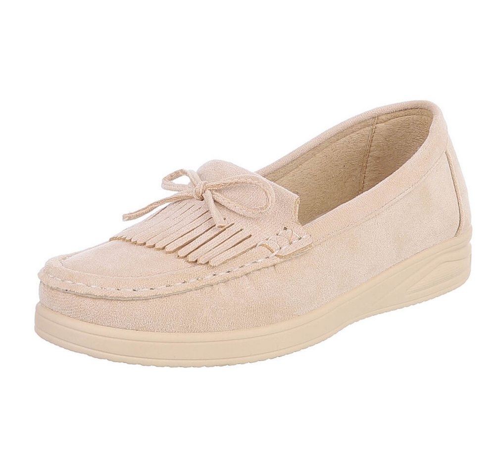 Ital-Design Eleganter Fransen-Schuh für Damen mit hohem Tragekomfort Slipper (91409716) Keilabsatz/Wedge Mokassins in Beige