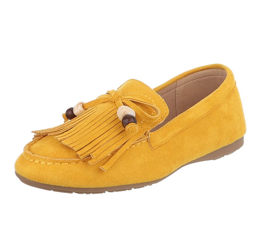 Ital-Design Eleganter Mokassin für Damen mit fransigem Design Slipper (91554637) Flach Mokassins in Gelb