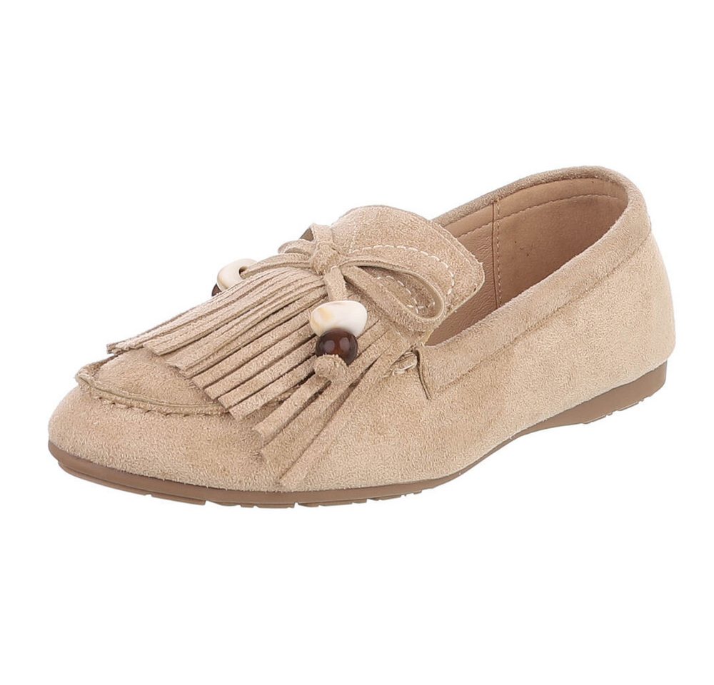 Ital-Design Eleganter Mokassin für Damen mit fransigem Design Slipper (91554646) Flach Mokassins in Hellbraun