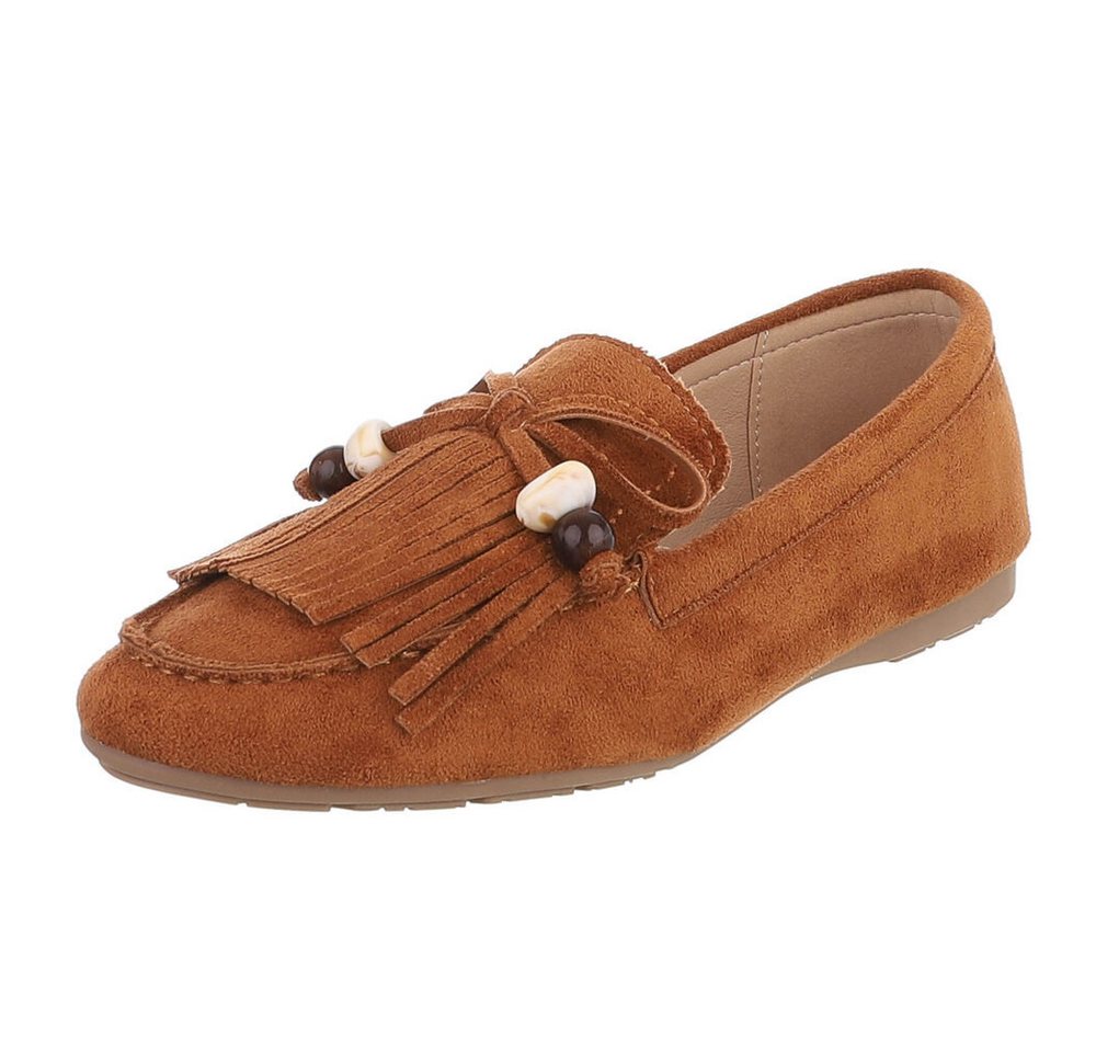 Ital-Design Eleganter Mokassin für Damen mit fransigem Design Slipper (91554653) Flach Mokassins in Camel