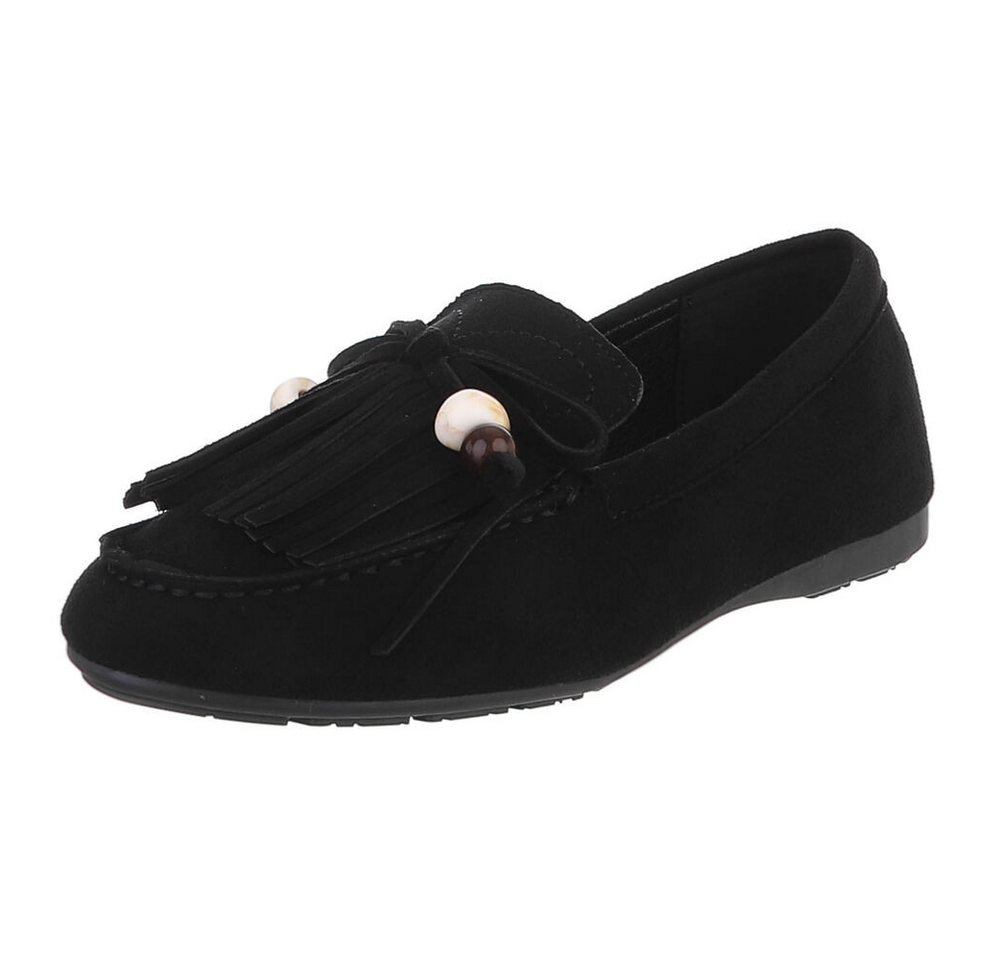 Ital-Design Eleganter Mokassin für Damen mit fransigem Design Slipper (91554667) Flach Mokassins in Schwarz