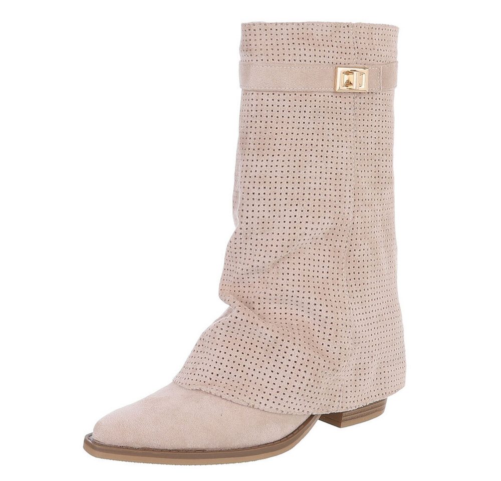 Ital-Design Eleganter perforierter Boot mit Riegelverschluss für Damen Westernstiefel (91261313) Blockabsatz Stiefel in Beige