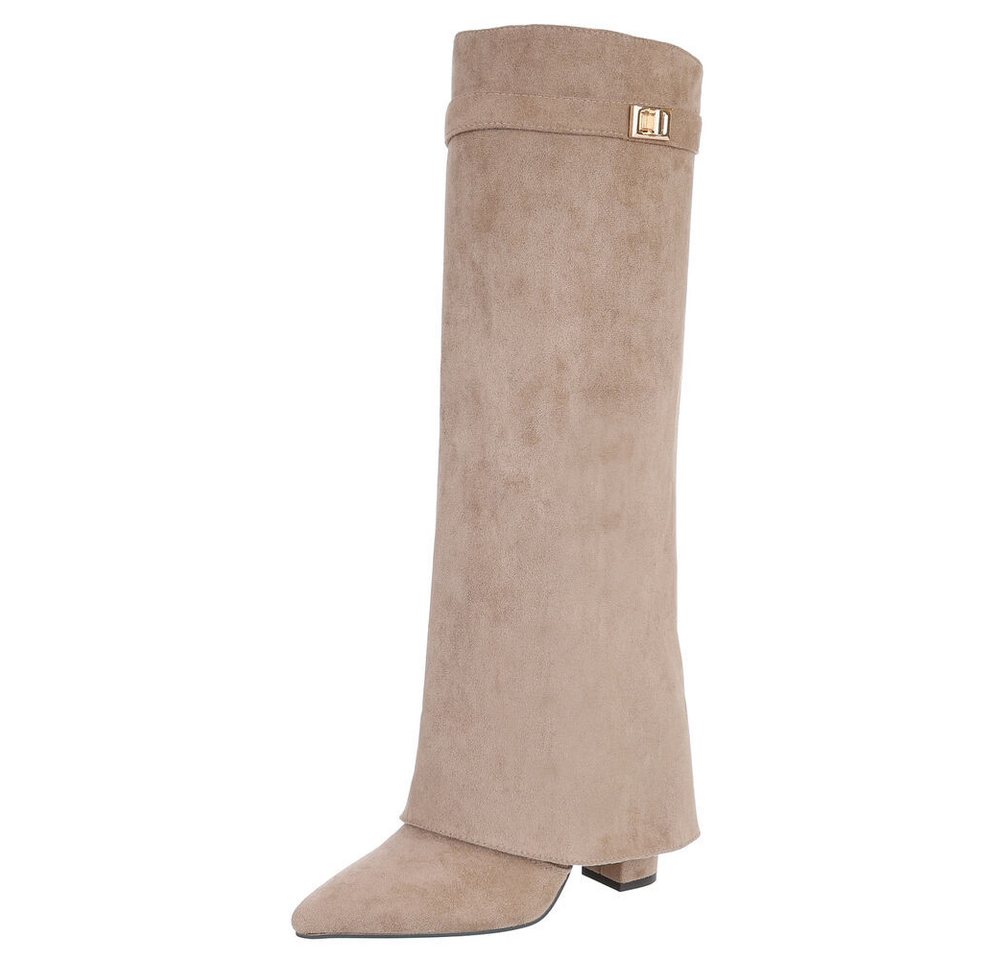 Ital-Design Eleganter Stiefel mit hohem Schaft für Damen High-Heel-Stiefel (90624833) Blockabsatz Stiefel in Hellbraun