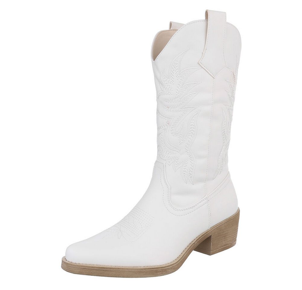 Ital-Design Eleganter Westernstiefel mit Stickerei für Damen Westernstiefel (89937873) Blockabsatz Stiefel in Weiß
