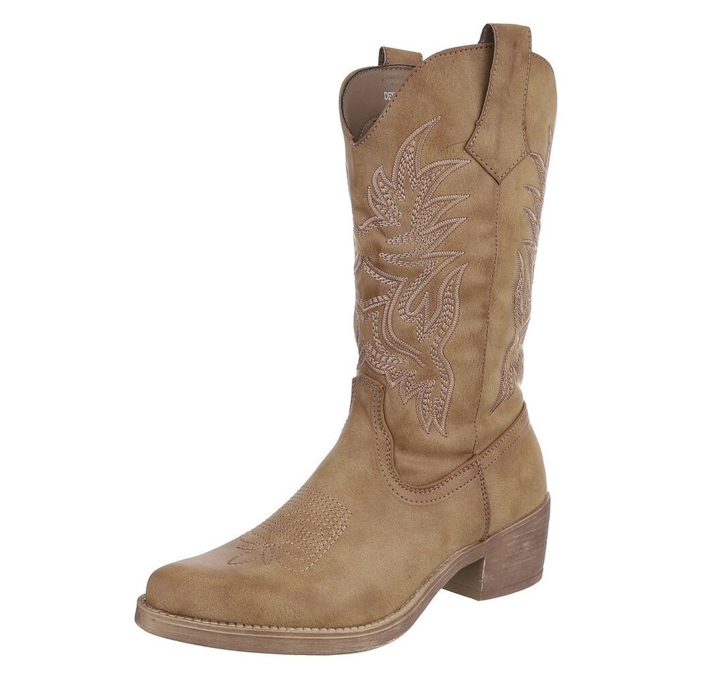 Ital-Design Eleganter Westernstiefel mit Stickerei für Damen Westernstiefel (89937880) Blockabsatz Stiefel in Hellbraun