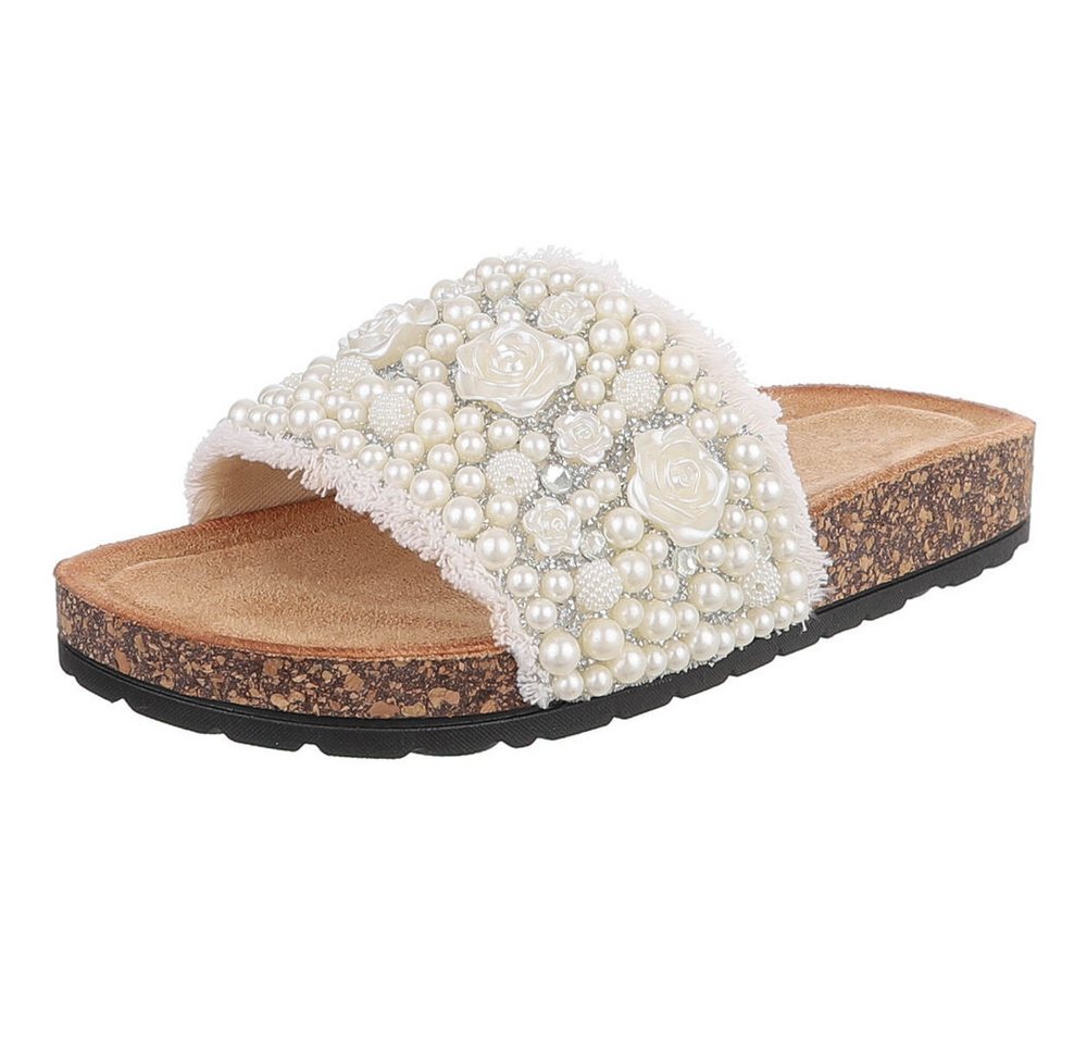 Ital-Design Feminine Damen-Sandalen mit Perlen und Blumendekor Pantolette (91512160) Flach Pantoletten in Weiß