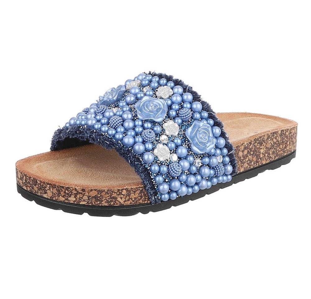 Ital-Design Feminine Damen-Sandalen mit Perlen und Blumendekor Pantolette (91512172) Flach Pantoletten in Blau