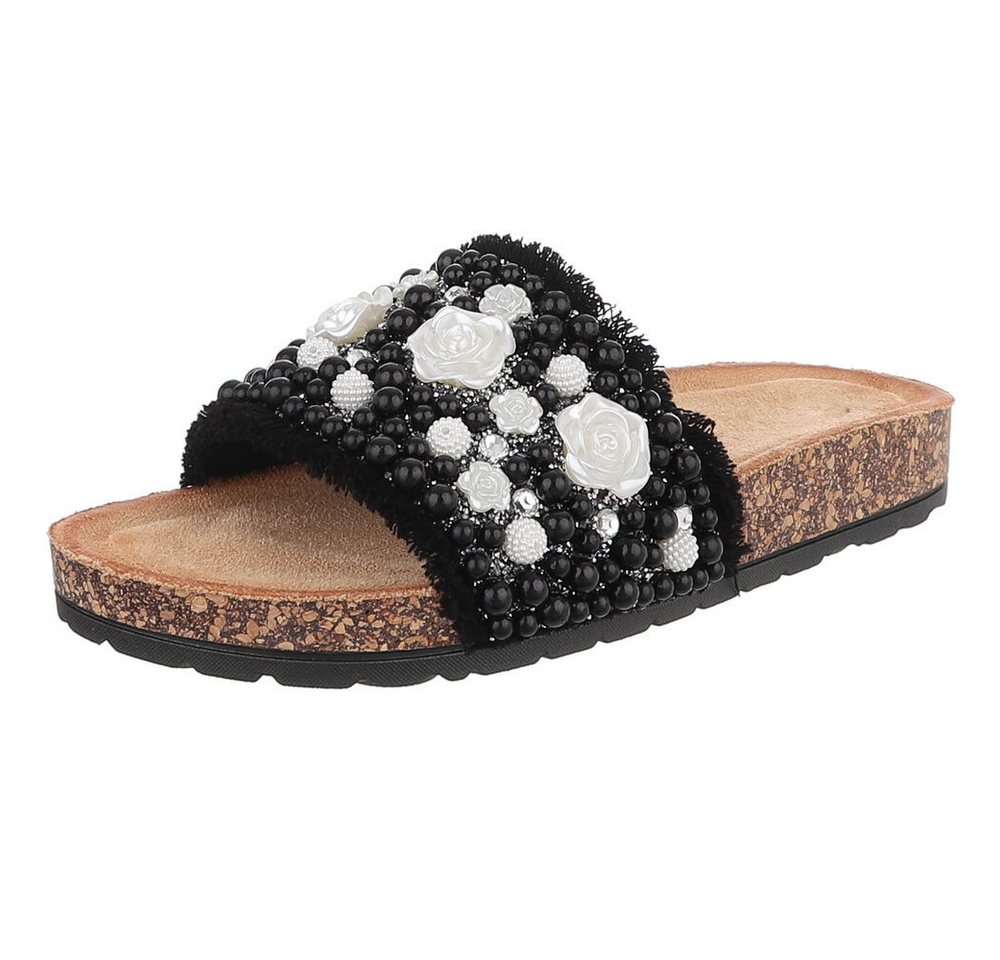 Ital-Design Feminine Damen-Sandalen mit Perlen und Blumendekor Pantolette (91512178) Flach Pantoletten in Schwarz