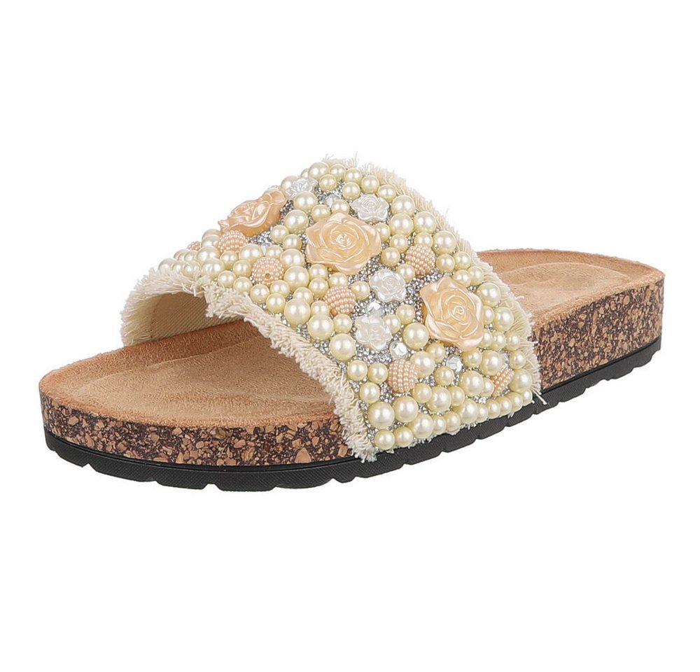 Ital-Design Feminine Damen-Sandalen mit Perlen und Blumendekor Pantolette (91512183) Flach Pantoletten in Beige