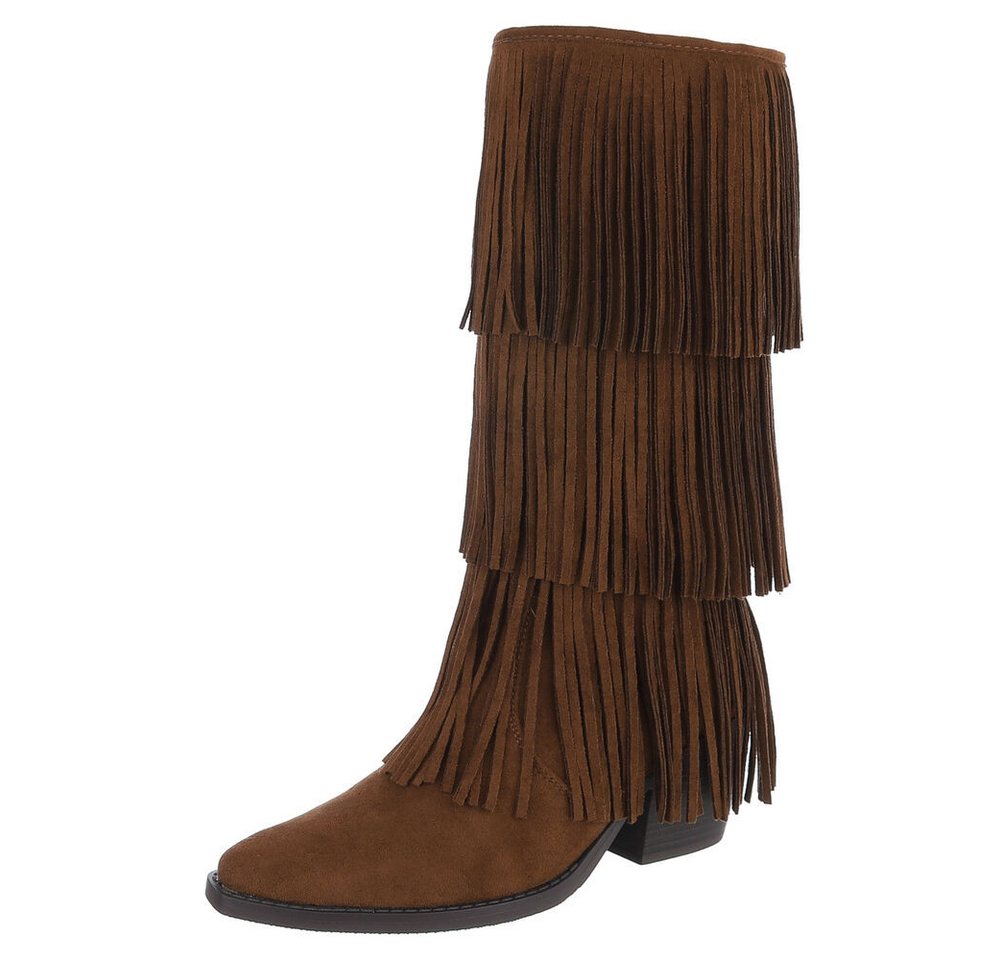 Ital-Design Fransenstiefel für Damen – Komfortabel und Trendig Westernstiefel (90704169) Blockabsatz Stiefel in Braun