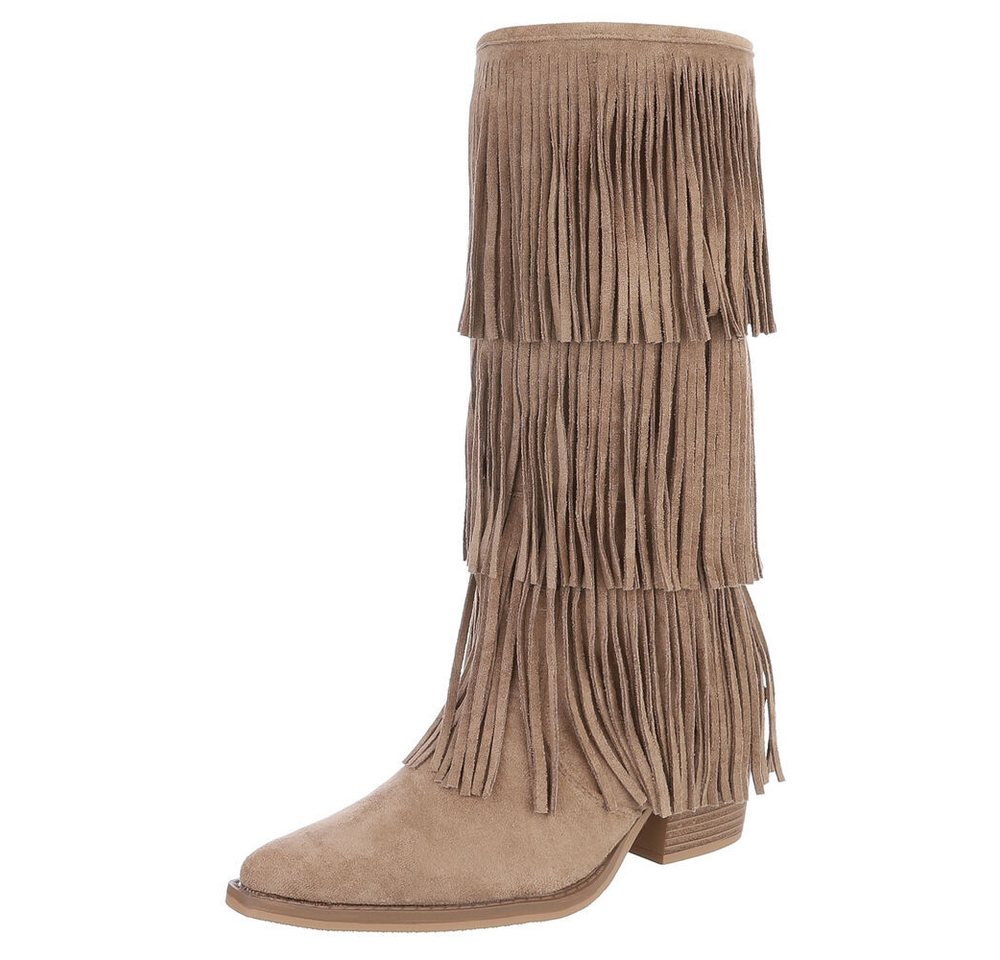 Ital-Design Fransenstiefel für Damen – Komfortabel und Trendig Westernstiefel (90704175) Blockabsatz Stiefel in Hellbraun