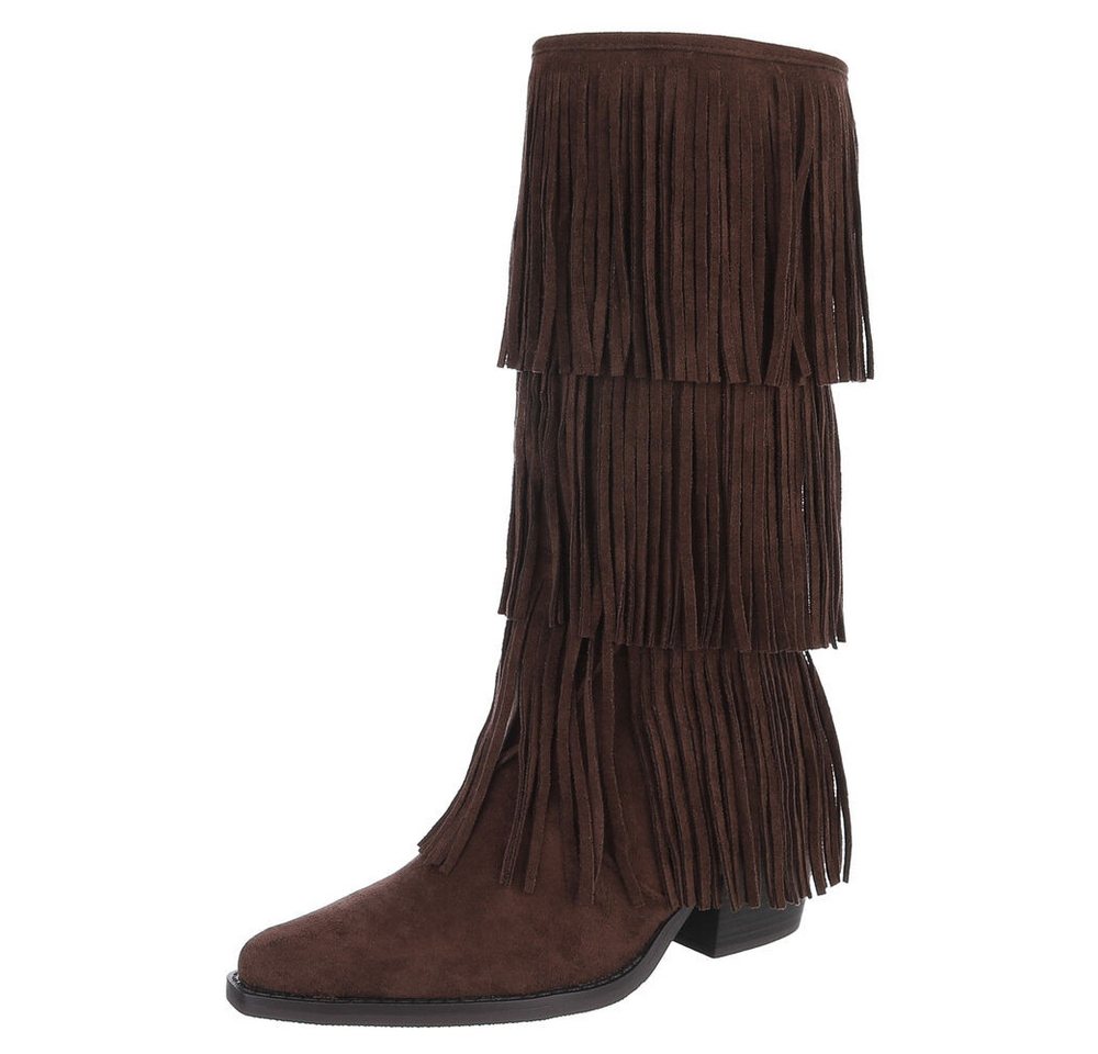 Ital-Design Fransenstiefel für Damen – Komfortabel und Trendig Westernstiefel (90704181) Blockabsatz Stiefel in Dunkelbraun