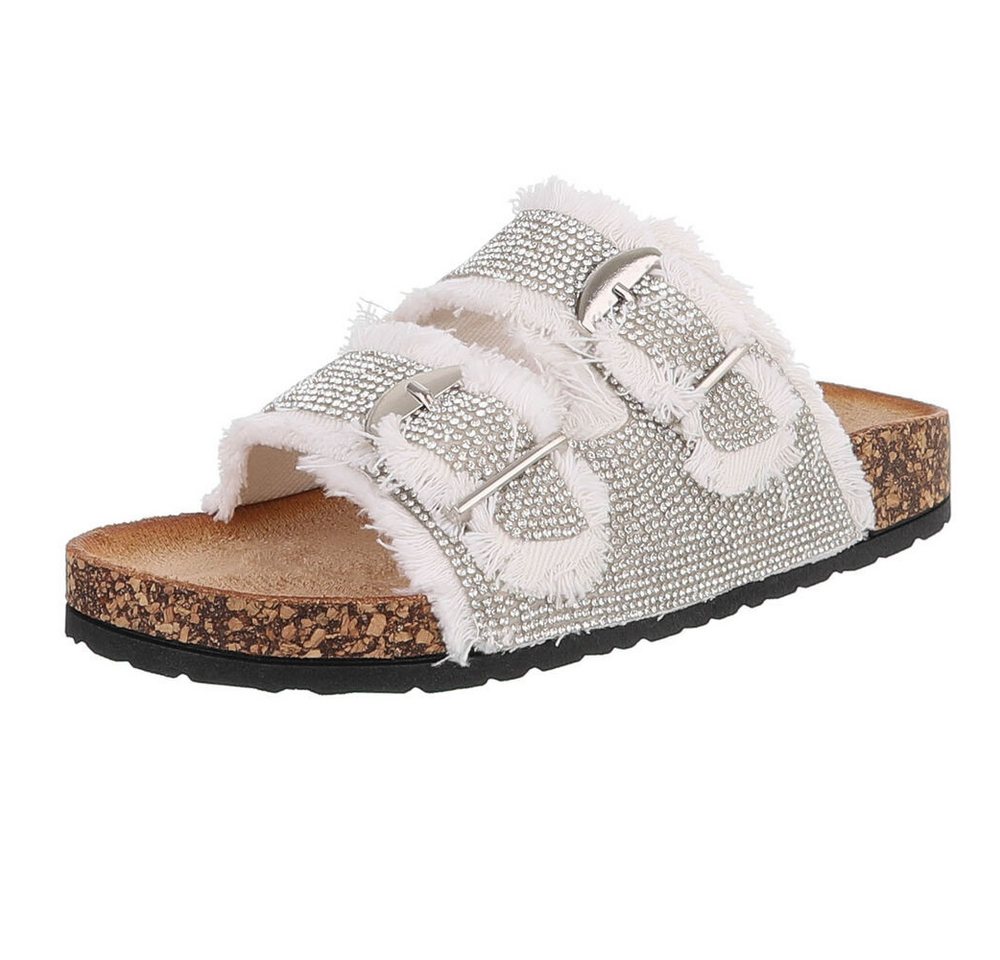 Ital-Design Glamouröse Damen Sandalen mit Strass und Korkfußbett Pantolette (91512386) Flach Pantoletten in Weiß