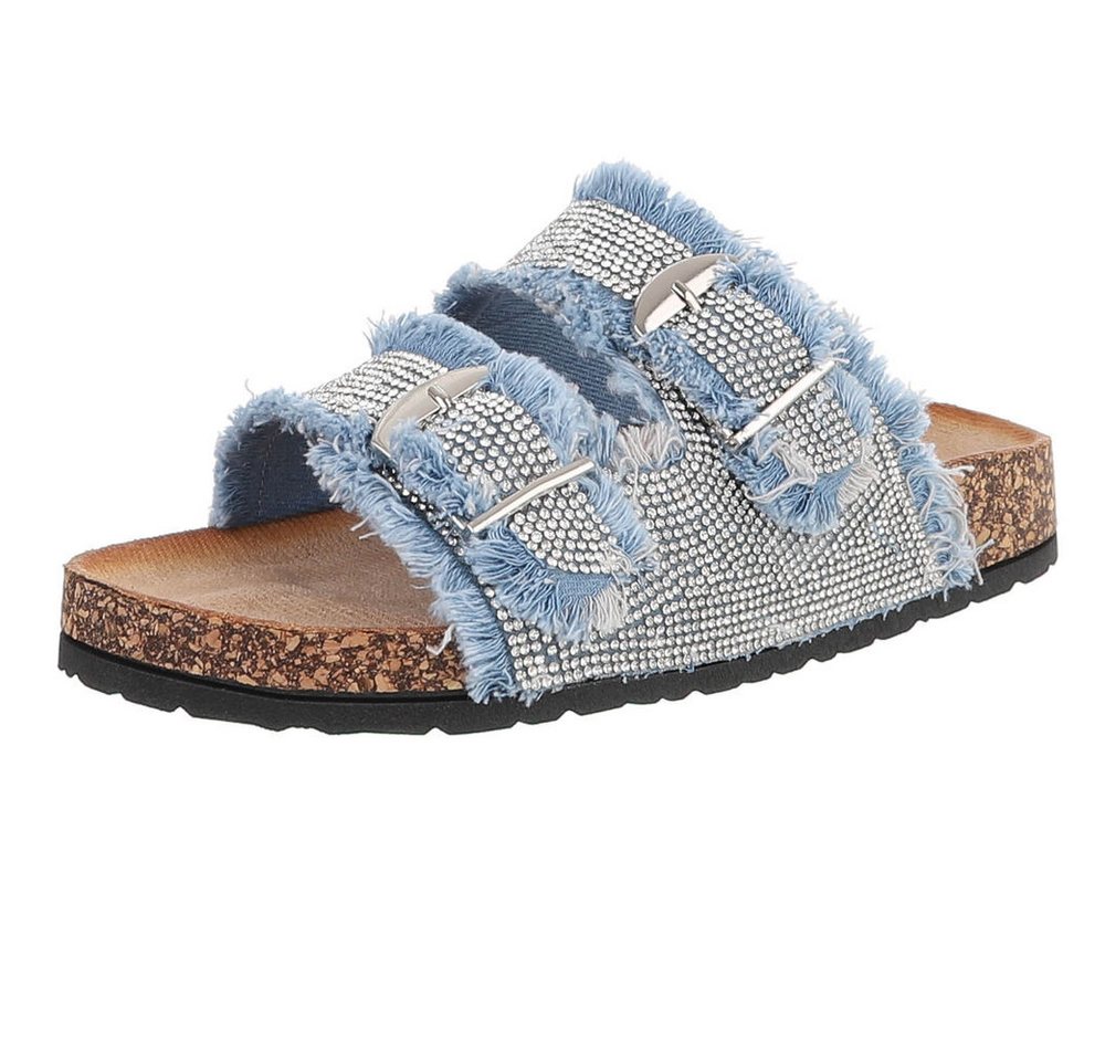 Ital-Design Glamouröse Damen Sandalen mit Strass und Korkfußbett Pantolette (91512392) Flach Pantoletten in Hellblau