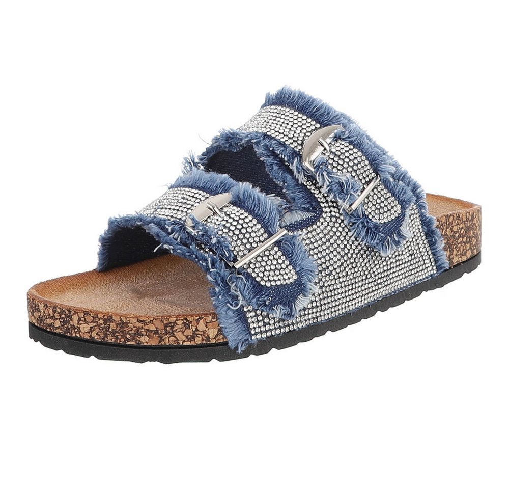 Ital-Design Glamouröse Damen Sandalen mit Strass und Korkfußbett Pantolette (91512397) Flach Pantoletten in Blau