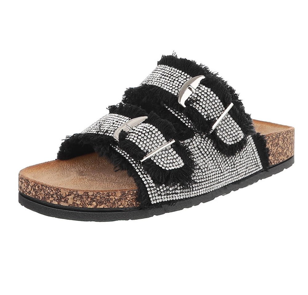 Ital-Design Glamouröse Damen Sandalen mit Strass und Korkfußbett Pantolette (91512407) Flach Pantoletten in Schwarz