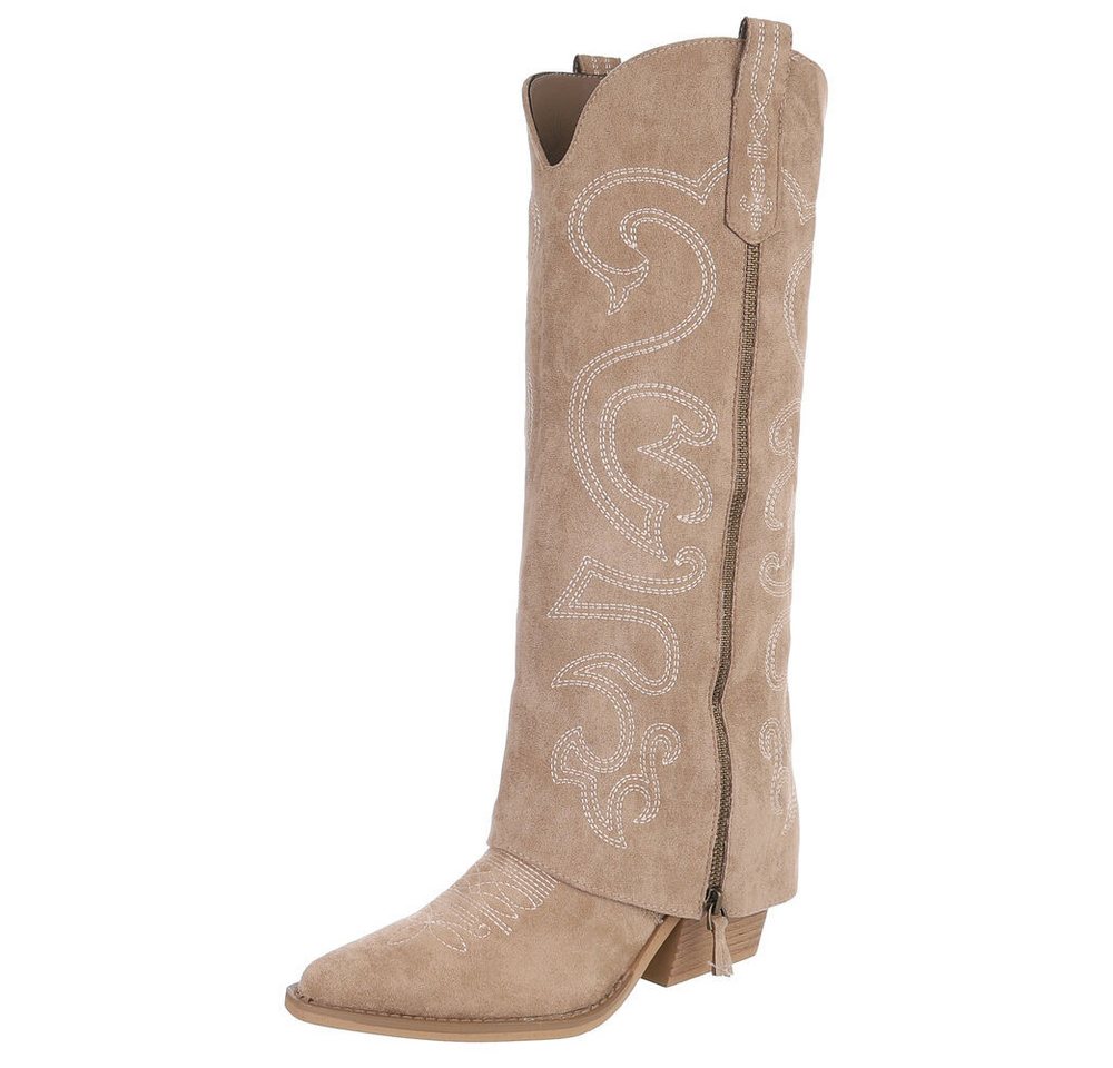 Ital-Design Hochwertige Damen-Stiefel mit Blockabsatz und Details Westernstiefel (90471233) Blockabsatz Stiefel in Hellbraun