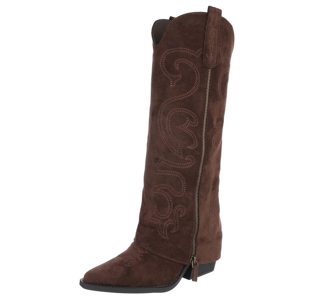 Ital-Design Hochwertige Damen-Stiefel mit Blockabsatz und Details Westernstiefel (90471245) Blockabsatz Stiefel in Braun