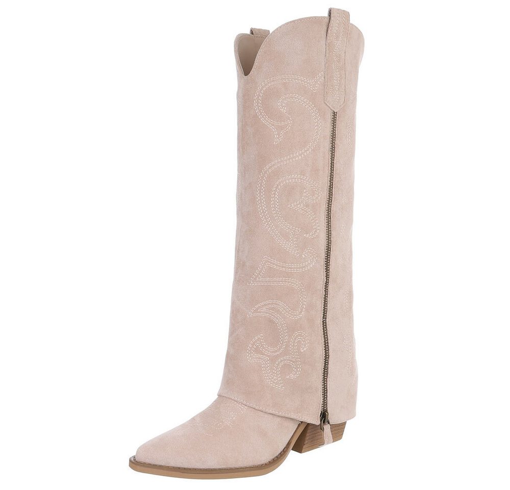 Ital-Design Hochwertige Damen-Stiefel mit Blockabsatz und Details Westernstiefel (90471257) Blockabsatz Stiefel in Beige