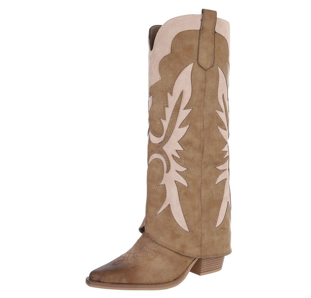 Ital-Design Hochwertige Damen-Stiefel mit kunstvollem Design für Alltag Westernstiefel (90755954) Blockabsatz Stiefel in Hellbraun