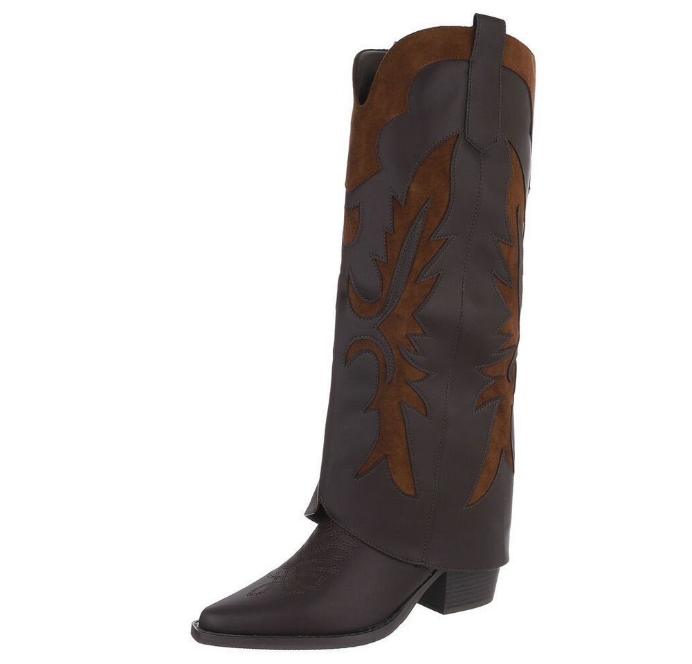 Ital-Design Hochwertige Damen-Stiefel mit kunstvollem Design für Alltag Westernstiefel (90755960) Blockabsatz Stiefel in Dunkelbraun