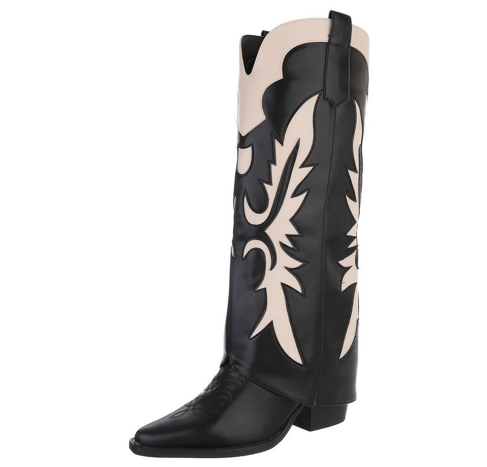 Ital-Design Hochwertige Damen-Stiefel mit kunstvollem Design für Alltag Westernstiefel (90755964) Blockabsatz Stiefel in Schwarz