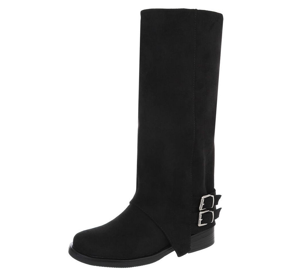 Ital-Design Hochwertige Damenstiefel mit Schnallen für Freizeit und Alltag Westernstiefel (90169566) Blockabsatz Flache Stiefel in Schwarz