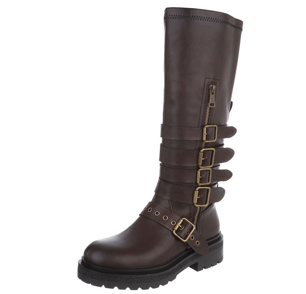 Ital-Design Hochwertige Damenstiefel mit Schnallen und Reißverschluss Plateaustiefel (90471360) Blockabsatz Stiefel in Braun