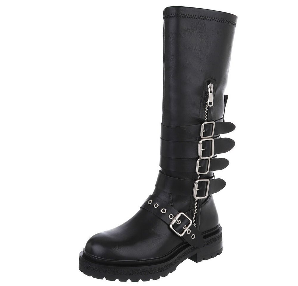 Ital-Design Hochwertige Damenstiefel mit Schnallen und Reißverschluss Plateaustiefel (90471368) Blockabsatz Stiefel in Schwarz