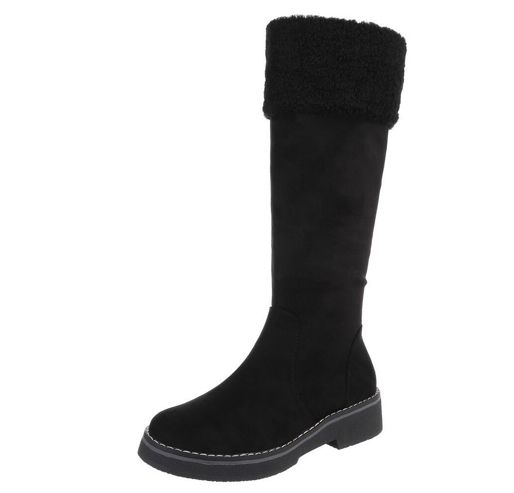 Ital-Design Kniehohe Damenstiefel mit kuscheligem Bund für Winter Stiefel (90542742) Blockabsatz Flache Stiefel in Schwarz