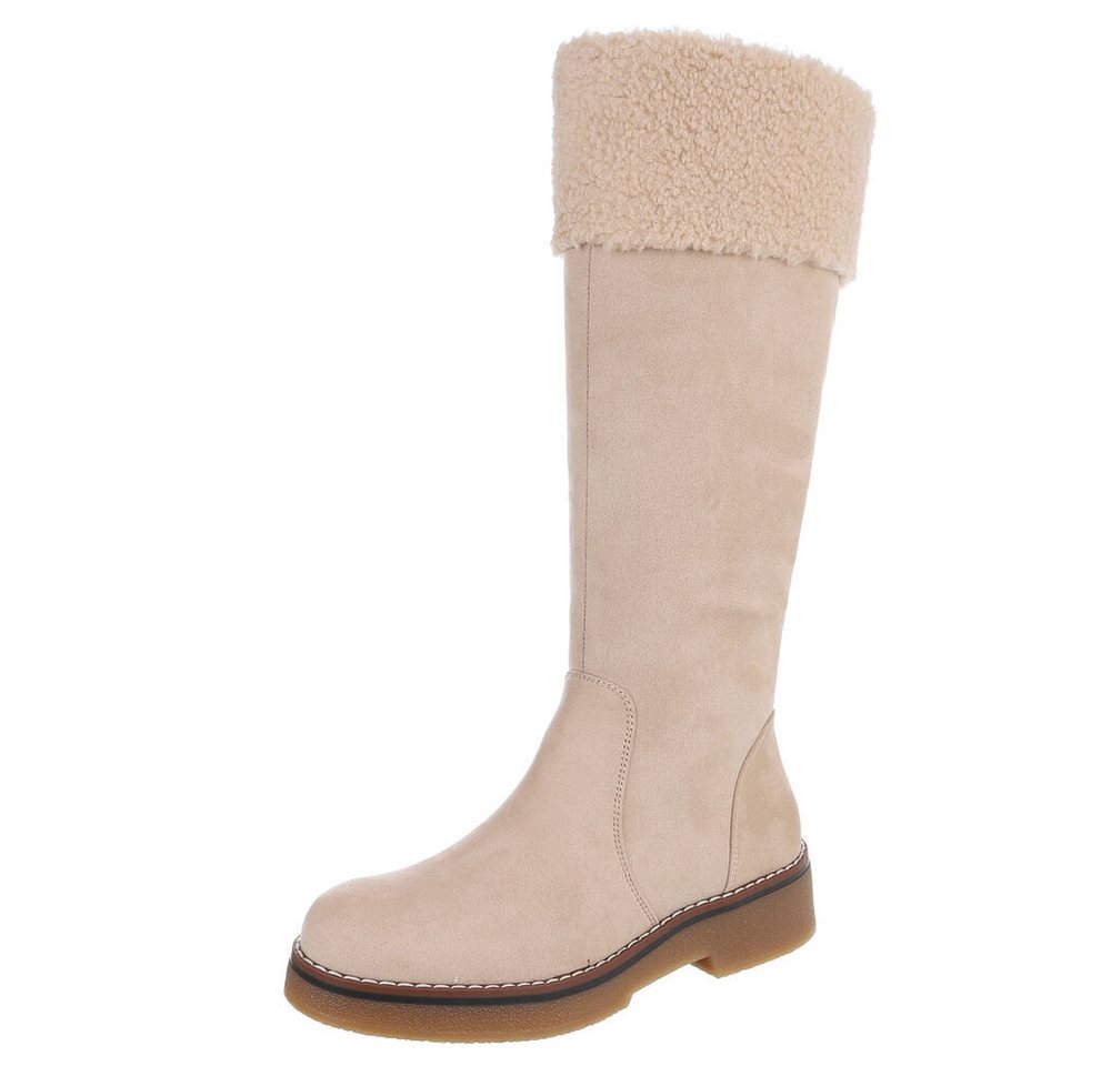Ital-Design Kniehohe Damenstiefel mit kuscheligem Bund für Winter Stiefel (90542751) Blockabsatz Flache Stiefel in Beige