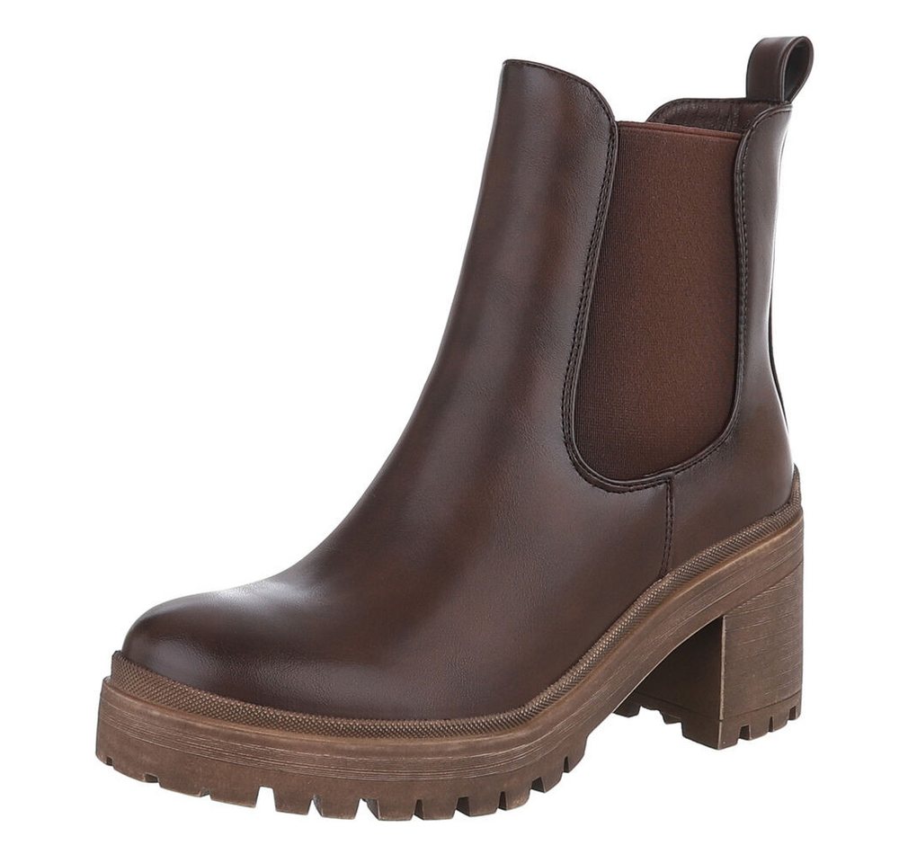 Ital-Design Kniehohe Damenstiefel mit Schnalle für Alltag und Freizeit Plateaustiefelette (90153121) Blockabsatz Stiefeletten in Braun