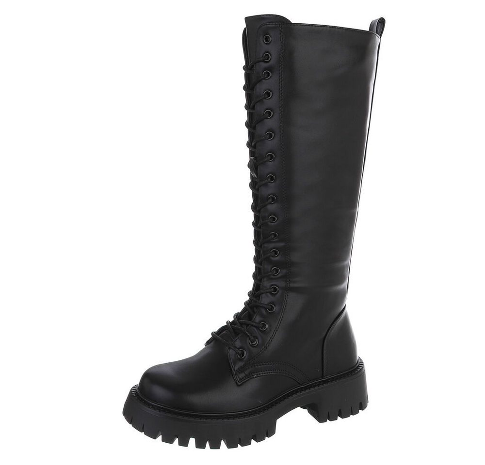 Ital-Design Kniehohe Schnürboots für Damen mit profilierter Laufsohle Plateaustiefel (91154521) Blockabsatz Stiefel in Schwarz