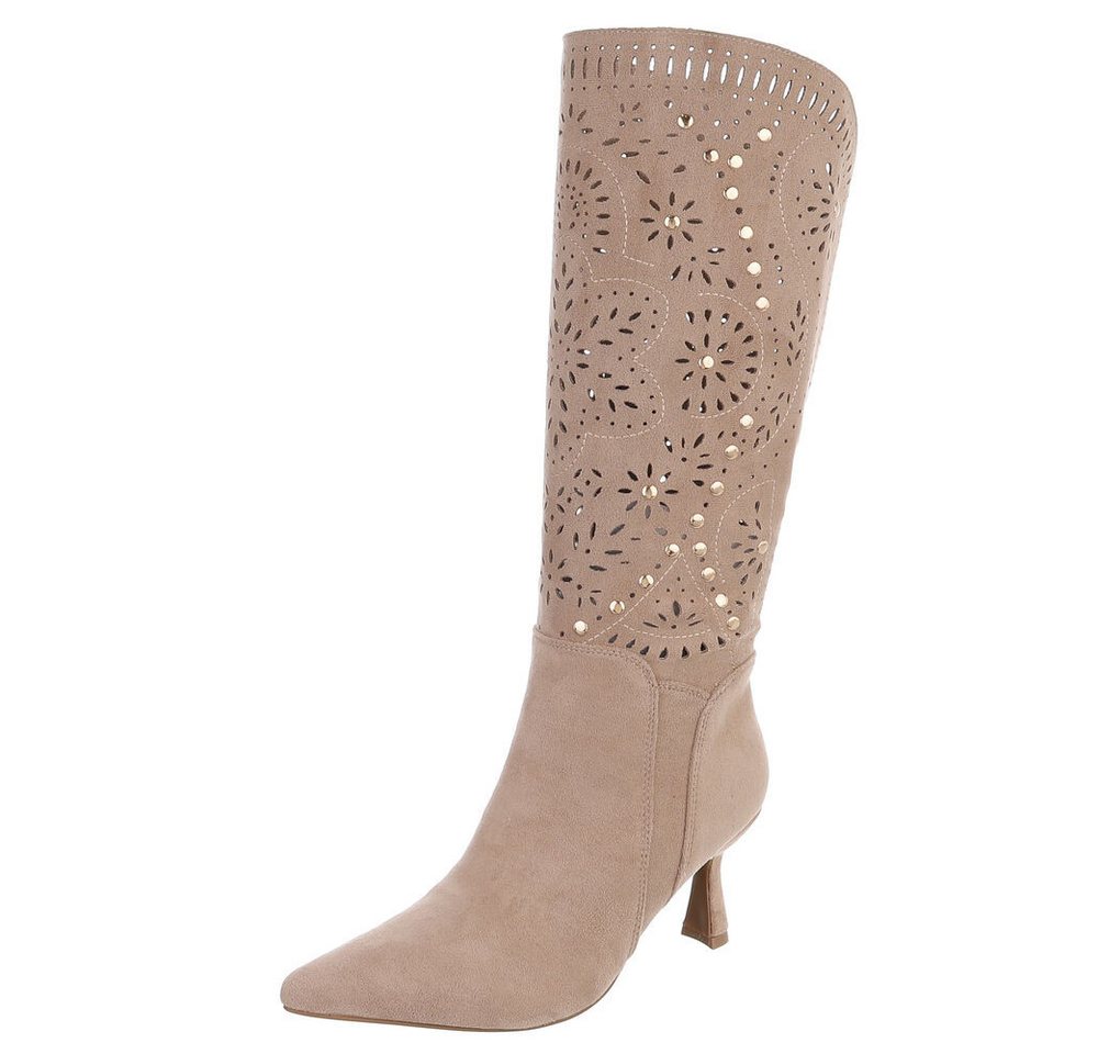 Ital-Design Kniehohe Stiefel mit Aussparungen und Absatz für Damen Sommerboots (91261221) Pfennig-/Stilettoabsatz Stiefel in Hellbraun