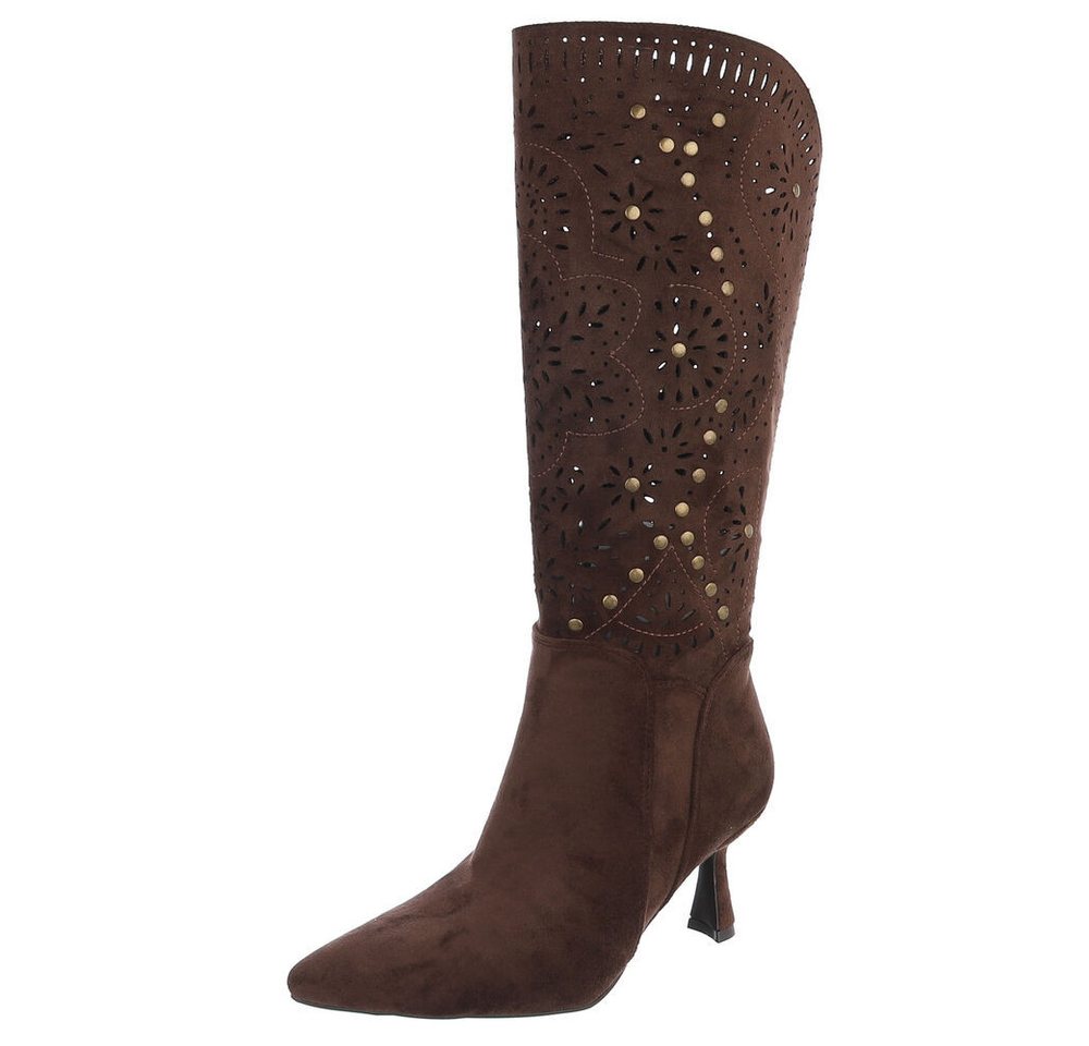 Ital-Design Kniehohe Stiefel mit Aussparungen und Absatz für Damen Sommerboots (91261226) Pfennig-/Stilettoabsatz Stiefel in Dunkelbraun