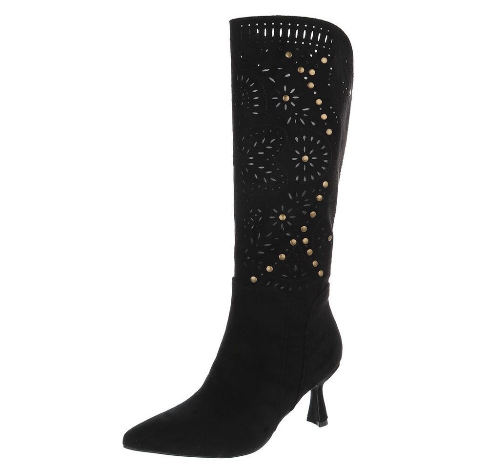 Ital-Design Kniehohe Stiefel mit Aussparungen und Absatz für Damen Sommerboots (91261233) Pfennig-/Stilettoabsatz Stiefel in Schwarz