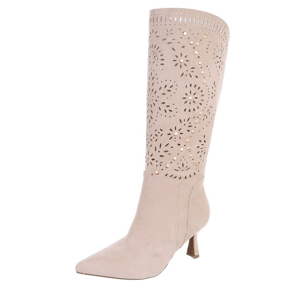 Ital-Design Kniehohe Stiefel mit Aussparungen und Absatz für Damen Sommerboots (91261240) Pfennig-/Stilettoabsatz Stiefel in Beige