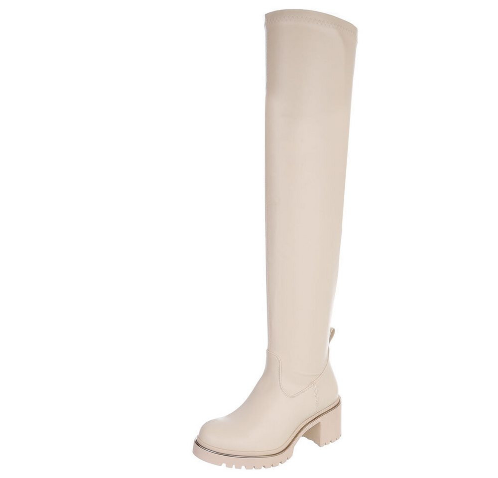Ital-Design Kniehohe Stiefel mit Blockabsatz für Damen Overkneestiefel (91154537) Blockabsatz Stiefel in Beige