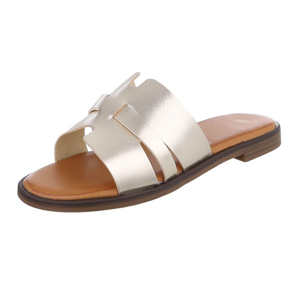 Ital-Design Komfortable Damensandalen mit gekreuzten Riemen für Freizeit Pantolette (91409270) Blockabsatz Pantoletten in Gold