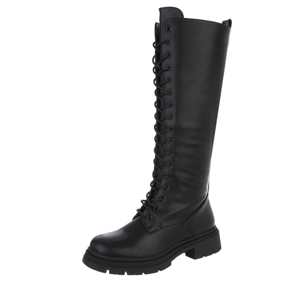 Ital-Design Langer Schnürstiefel für Damen – Komfortabel und stilvoll Plateaustiefel (90109837) Blockabsatz Stiefel in Schwarz