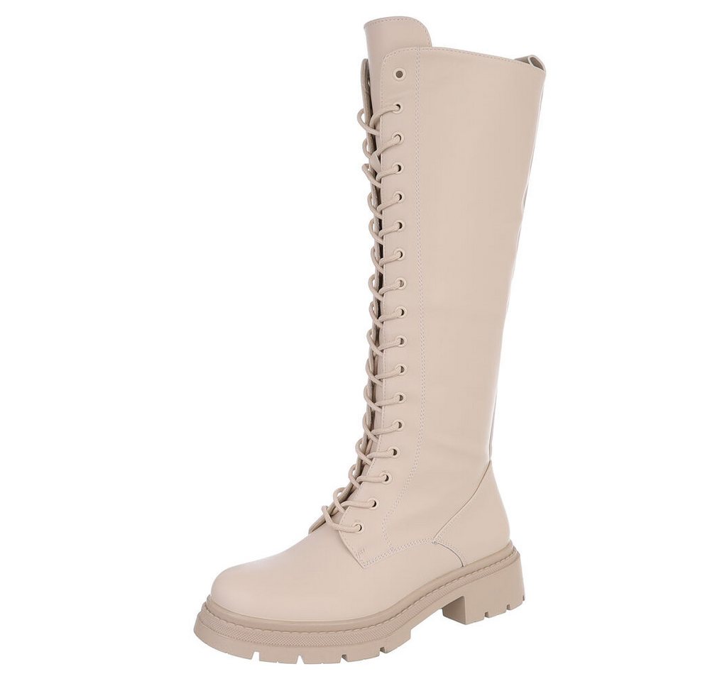 Ital-Design Langer Schnürstiefel für Damen – Komfortabel und stilvoll Plateaustiefel (90109840) Blockabsatz Stiefel in Beige